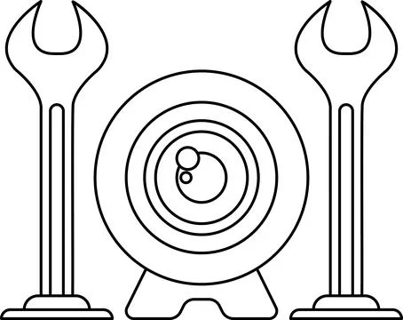 A black and white drawing of a camera lens and two tools Stock Illustration
