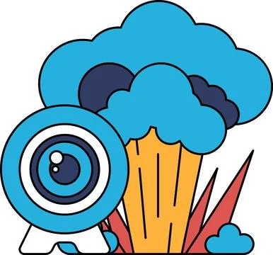 A black and white drawing of a camera with a lens and a cloud in the backgrou イラスト素材