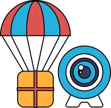 A black and white drawing of a camera and a parachute Stock Illustration