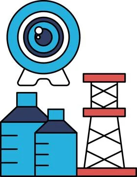 A black and white drawing of a camera lens and a power plant 库存插图