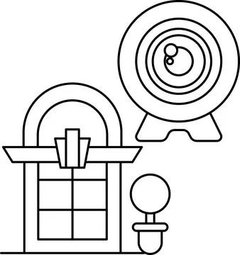 A black and white drawing of a camera and a building Ilustración de archivo