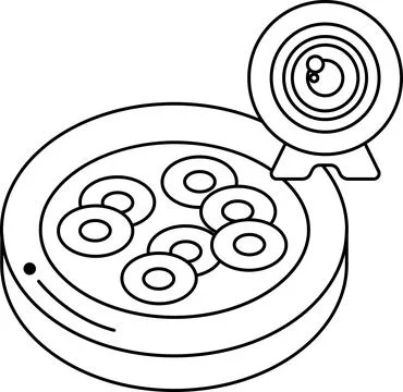 A black and white drawing of a camera with a black Illustrazione stock