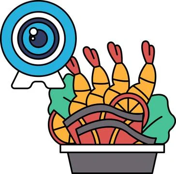 A black and white drawing of a camera with a view of a bowl of food Stock Illustration
