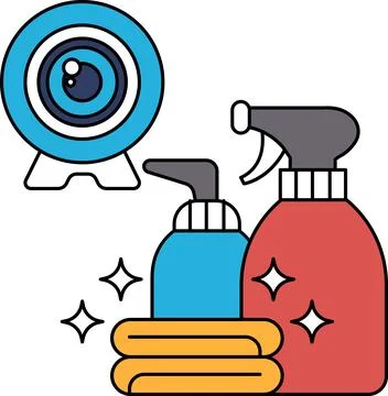 A black and white drawing of a camera, a bottle of spray and a bottle of soap Stock Illustration