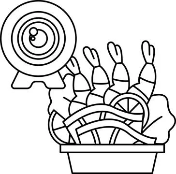 A black and white drawing of a camera with a view of a bowl of food Stock Illustration