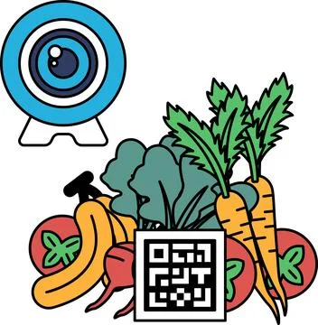 A black and white drawing of a camera with a vegetable garden in the backgrou Stock Illustration