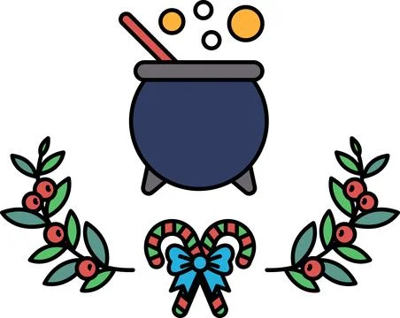 A black and white drawing of a cauldron with a wreath of leaves Ilustração Stock