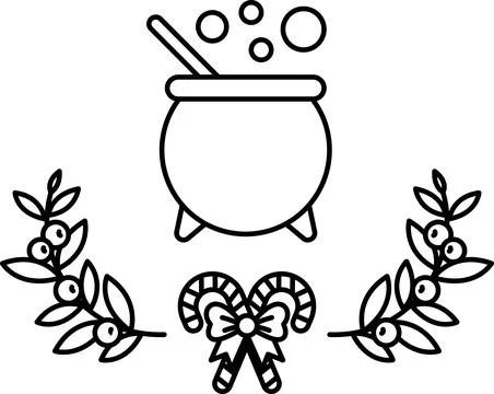 A black and white drawing of a cauldron with a wreath of leaves Ilustração Stock