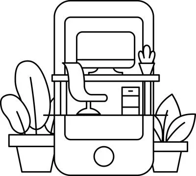 A black and white drawing of a cell phone with a computer monitor and a chair Stock Illustration