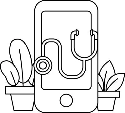 A black and white drawing of a cell phone with a stethoscope on it Stock Illustration