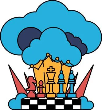 A black and white drawing of a chess board with a cloud in the background Stock Illustration