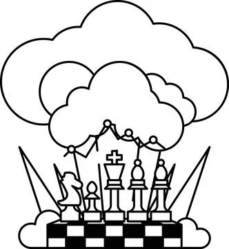 A black and white drawing of a chess board with a cloud in the background Stock Illustration
