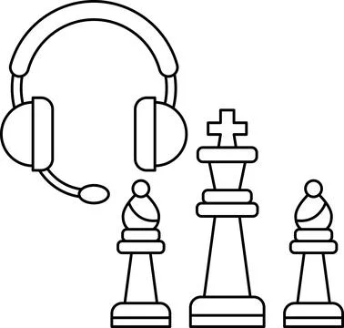 A black and white drawing of a chess game with a headset and a king Stock Illustration