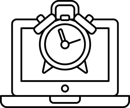 A black and white drawing of a clock on a laptop screen Stock Illustration