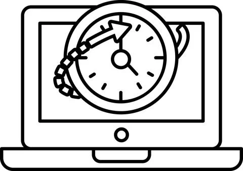 A black and white drawing of a clock with the hands pointing to the number 12 Stock Illustration