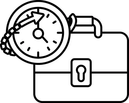 A black and white drawing of a clock and a briefcase Illustrazione stock