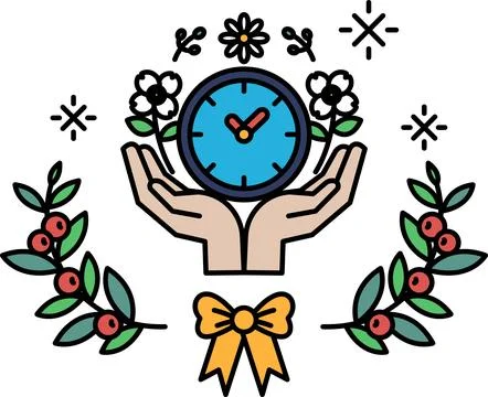 A black and white drawing of a clock surrounded by flowers and leaves Stock Illustration