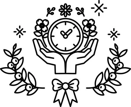 A black and white drawing of a clock surrounded by flowers and leaves Stock Illustration