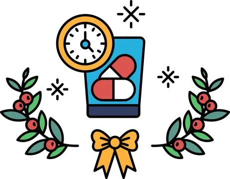 A black and white drawing of a clock and a bottle of pills Stock Illustration