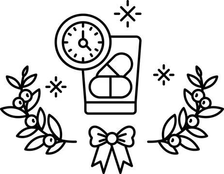 A black and white drawing of a clock and a bottle of pills Stock Illustration