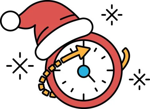A black and white drawing of a clock with a Santa hat on top of it Stock Illustration
