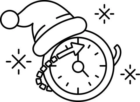 A black and white drawing of a clock with a Santa hat on top of it Stock Illustration