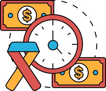 A black and white drawing of a clock with a ribbon and dollar bills Stock Illustration