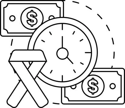 A black and white drawing of a clock with a ribbon and dollar bills Stock Illustration