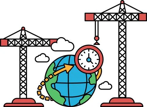 A black and white drawing of a clock with a globe and two cranes Stock Illustration