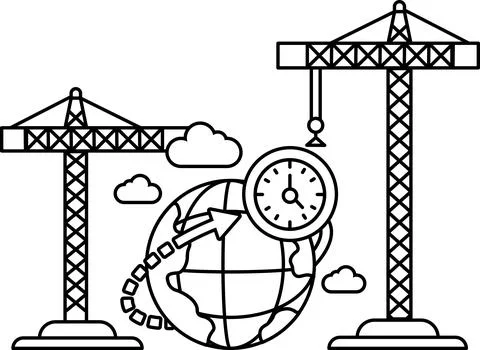 A black and white drawing of a clock with a globe and two cranes Stock Illustration