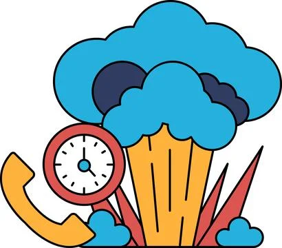 A black and white drawing of a clock and a phone with a cloud in the backgrou Illustrazione stock