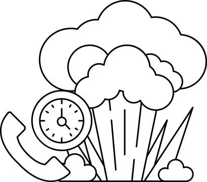 A black and white drawing of a clock and a phone with a cloud in the backgrou Stock Illustration