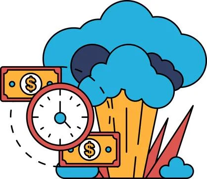 A black and white drawing of a clock and two stacks of money Stock Illustration