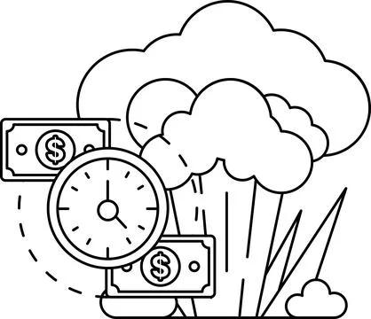 A black and white drawing of a clock and two stacks of money Illustrazione stock