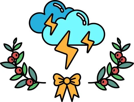A black and white drawing of a cloud with lightning bolts and a bow Stock Illustration