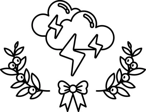 A black and white drawing of a cloud with lightning bolts and a bow Stock Illustration