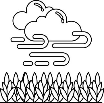 A black and white drawing of a cloud with a wind blowing through the grass Stock Illustration