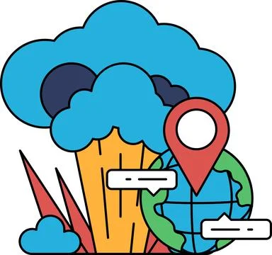 A black and white drawing of a cloud with a broccoli and a globe Stock Illustration