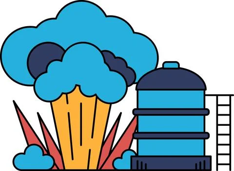 A black and white drawing of a cloud of smoke and a large tank Stock Illustration