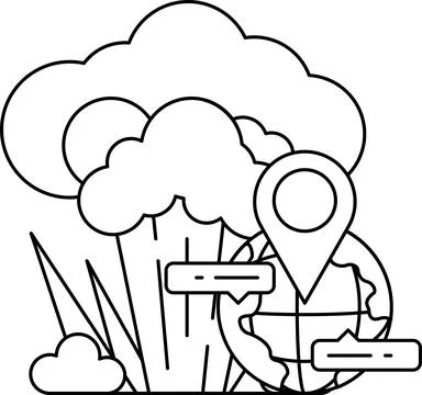 A black and white drawing of a cloud with a broccoli and a globe Stock Illustration