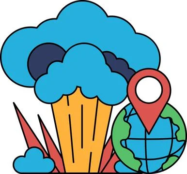 A black and white drawing of a cloud with a map of the world and a globe Stock Illustration