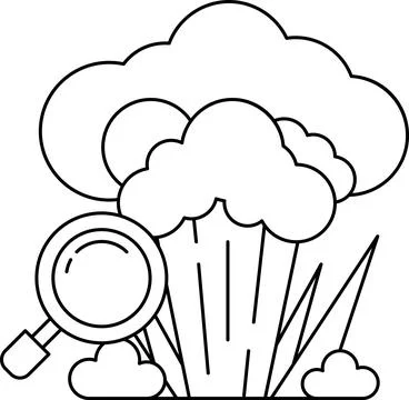 A black and white drawing of a cloud with a magnifying glass in the foregroun Stock Illustration