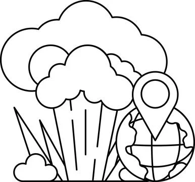 A black and white drawing of a cloud with a map of the world and a globe Stock Illustration