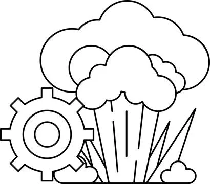 A black and white drawing of a cloud with a gear in the middle Stock Illustration