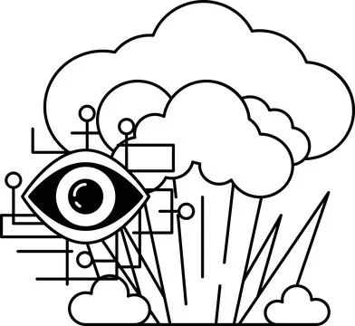 A black and white drawing of a cloud with a large eye in the middle イラスト素材