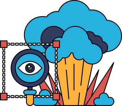 A black and white drawing of a cloud with a magnifying glass in the middle Illustrazione stock