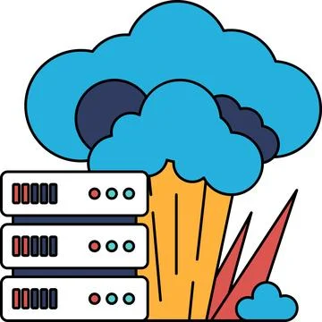 A black and white drawing of a cloud with a large server in the middle Illustrazione stock