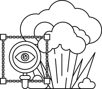 A black and white drawing of a cloud with a magnifying glass in the middle Illustrazione stock