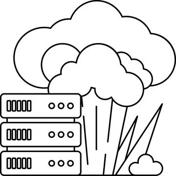 A black and white drawing of a cloud with a large server in the middle Stock Illustration