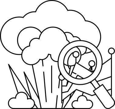 A black and white drawing of a cloud with a magnifying glass in the middle Stock Illustration